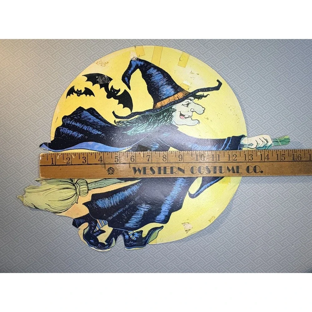 Vintage Eureka Halloween Witch on Broomstick & Bats Die-Cut Decor Cardboard Sign